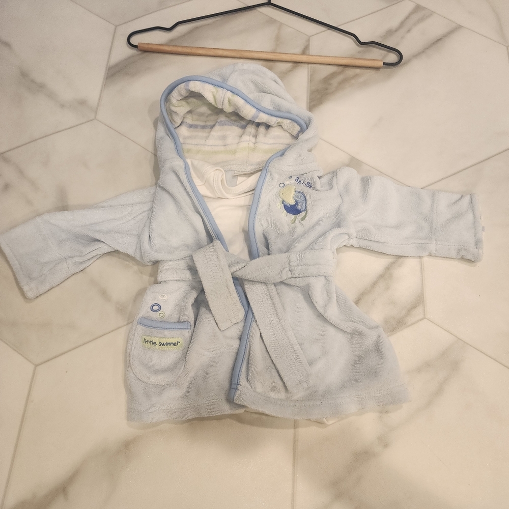 Just one year baby boy size 0-9 month baby blue robe with turtle.